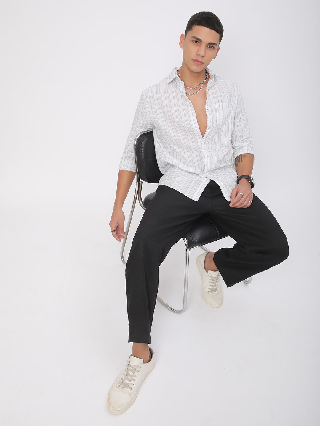 VASTRADO Men Classic Slim Fit Spread Collar Vertical Striped Cotton Casual Shirt