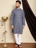 Kurta Kolar Jalur Bercetak Motif Etnik Biru Laut Anouk dengan Churidar