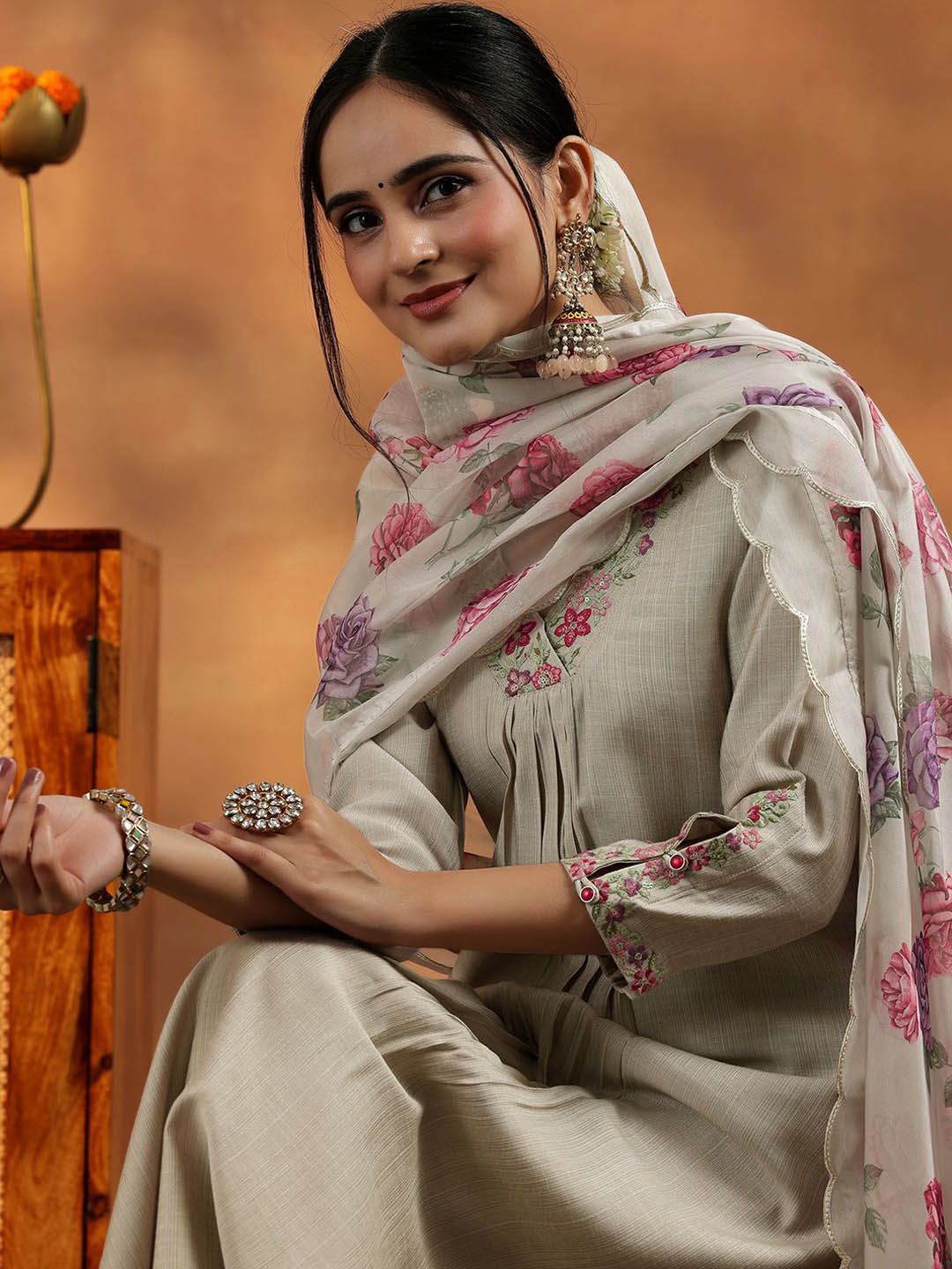 Libas Floral Yoke Design V-Neck Thread Work A-Line Kurta With Trousers And Dupatta