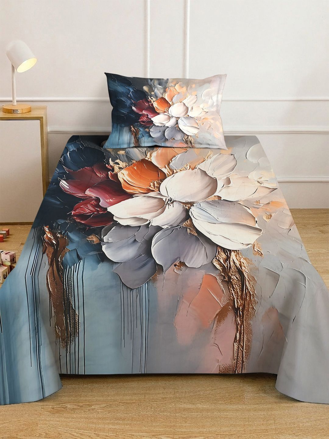 KLOTTHE Grey & Beige Floral Fitted 400 TC Single 7D Bedsheet with 1 Pillow Covers