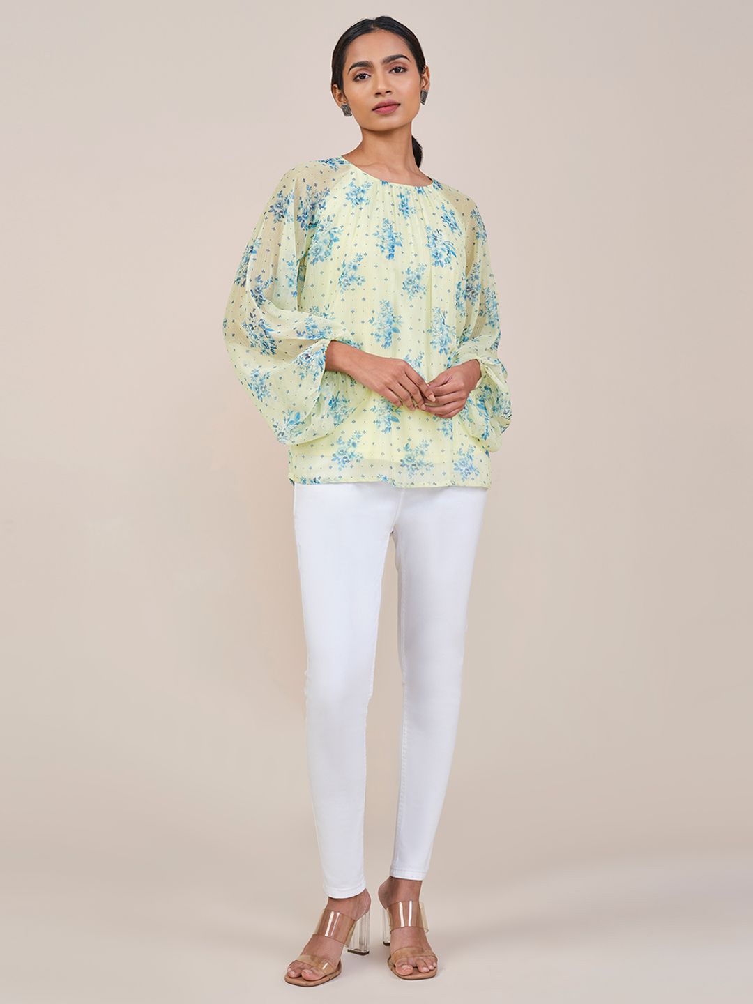 Global Desi Floral Printed Round Neck Blouson Top