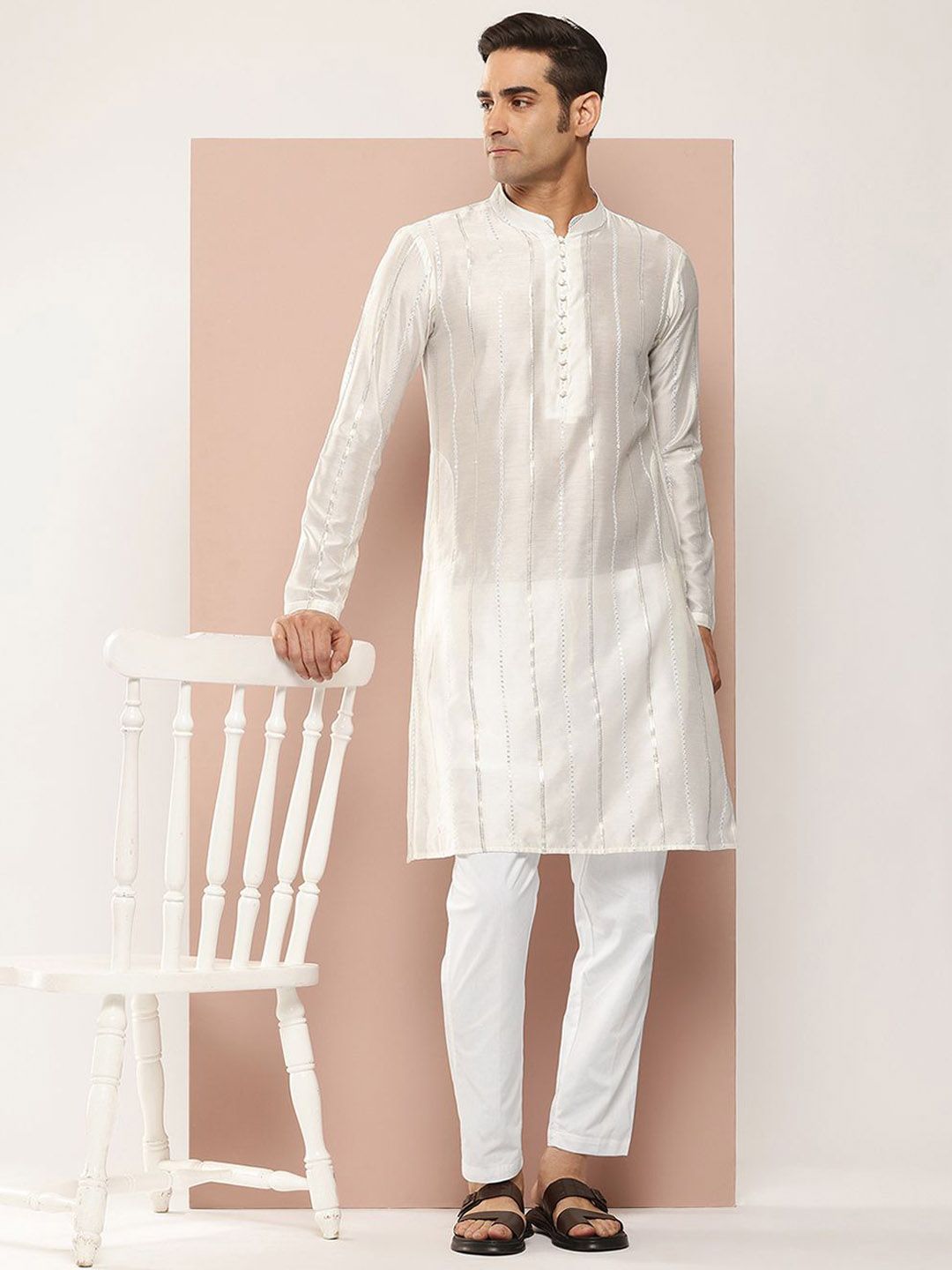 See Designs Mandarin Collar Striped Embroidered Sequinned Chanderi Silk Straight Kurta