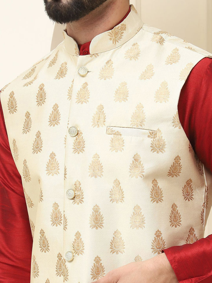 SOJANYA Mandarin Collar Zari Silk Cotton Straight Kurta dengan Piyama & jaket Nehru