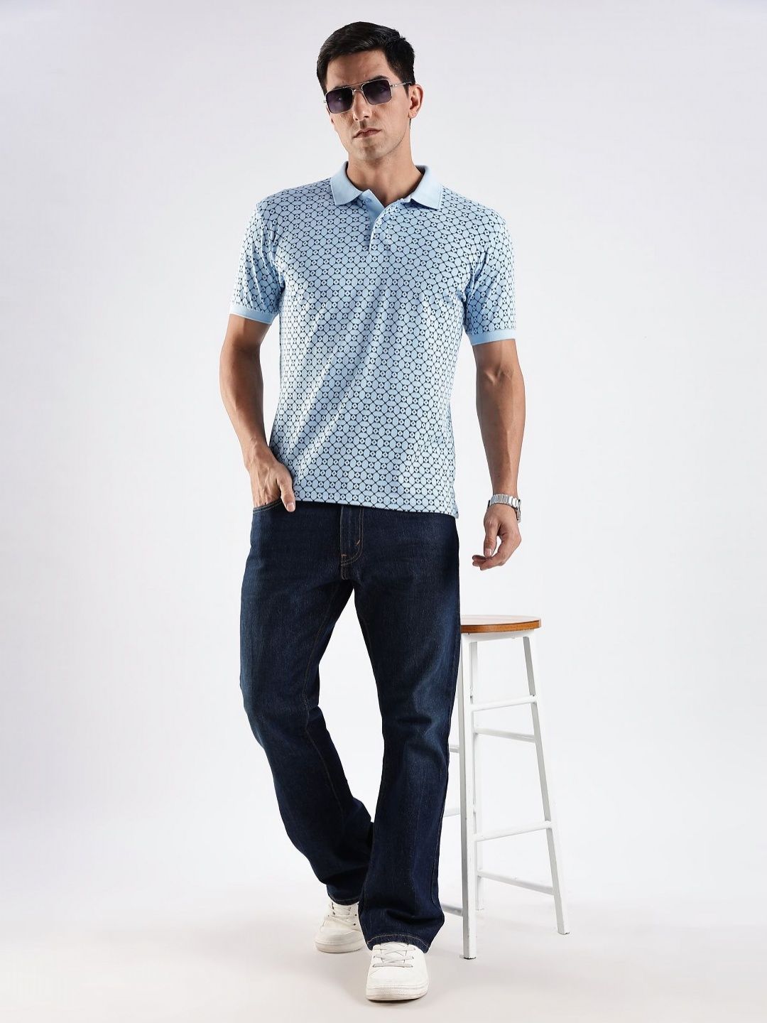 ADRO Geometric Printed Polo Collar Regular Fit Cotton T-shirt