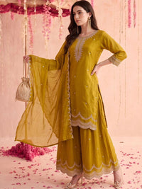 Mamicha Women Ethnic Motifs Embroidered Thread Work Straight Kurta with Palazzos & Dupatta