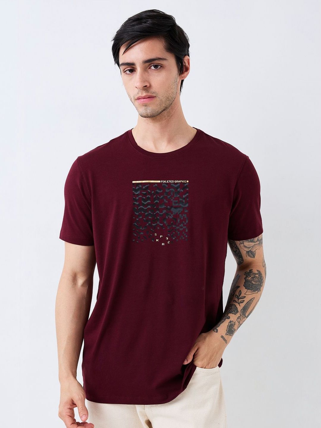 SPYKAR Men Graphic Printed Round Neck Cotton Slim Fit T-shirt