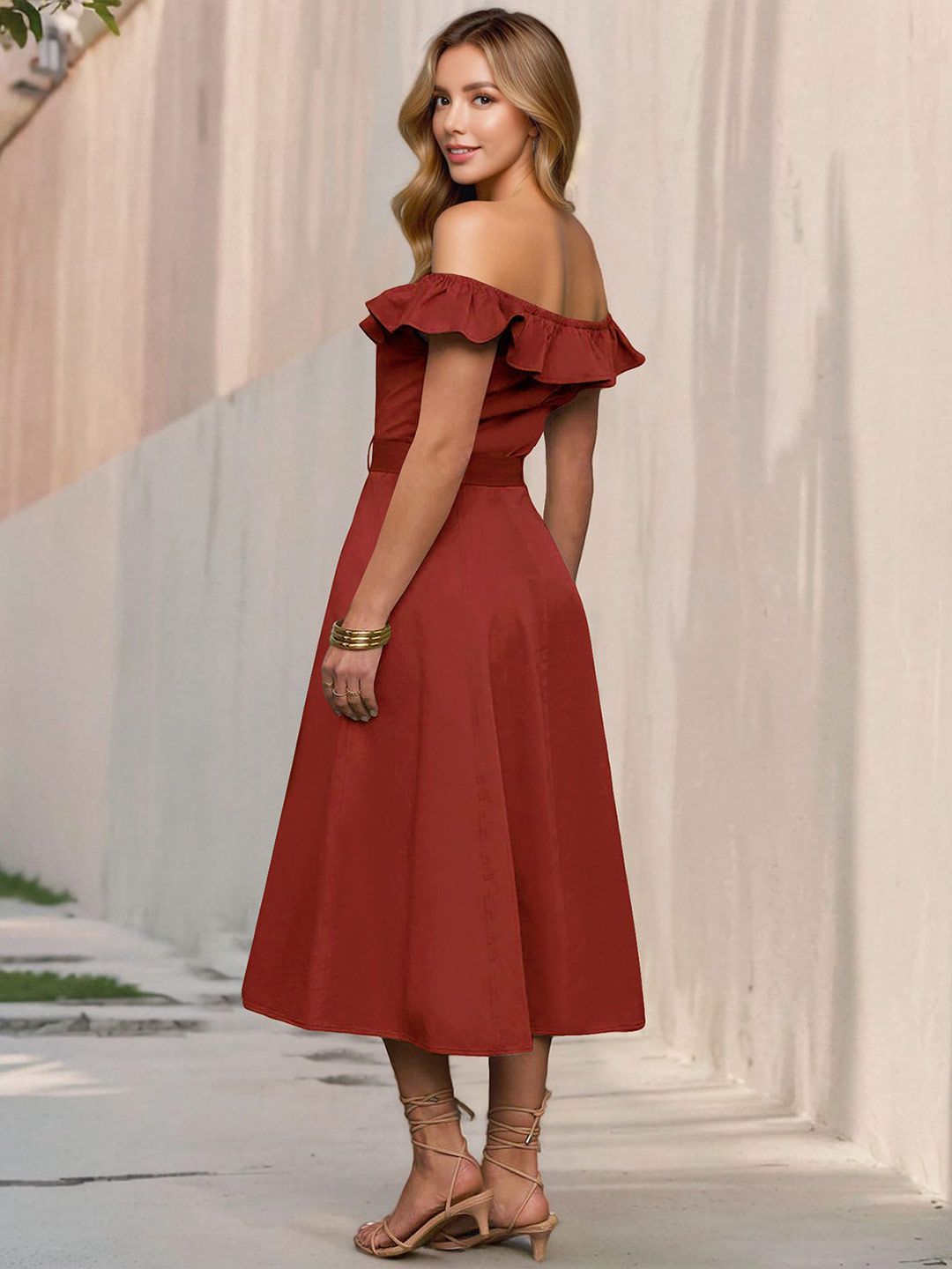 all about you Women Solid Belted Off-Shoulder A-Line Midi Dress