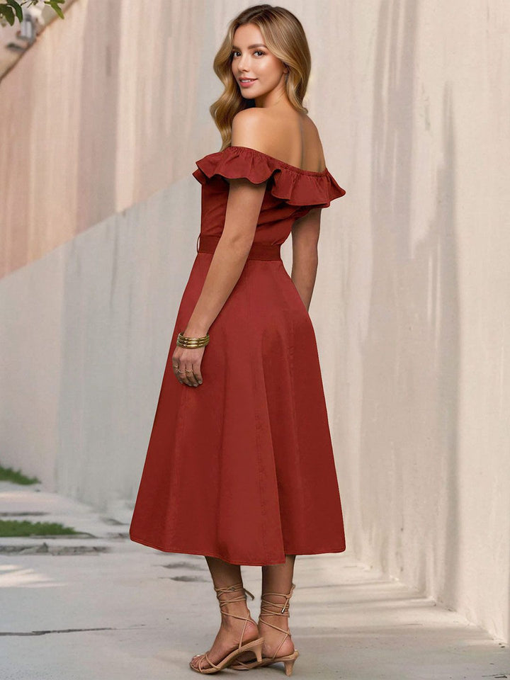 all about you Women Solid Belted Off-Shoulder A-Line Midi Dress