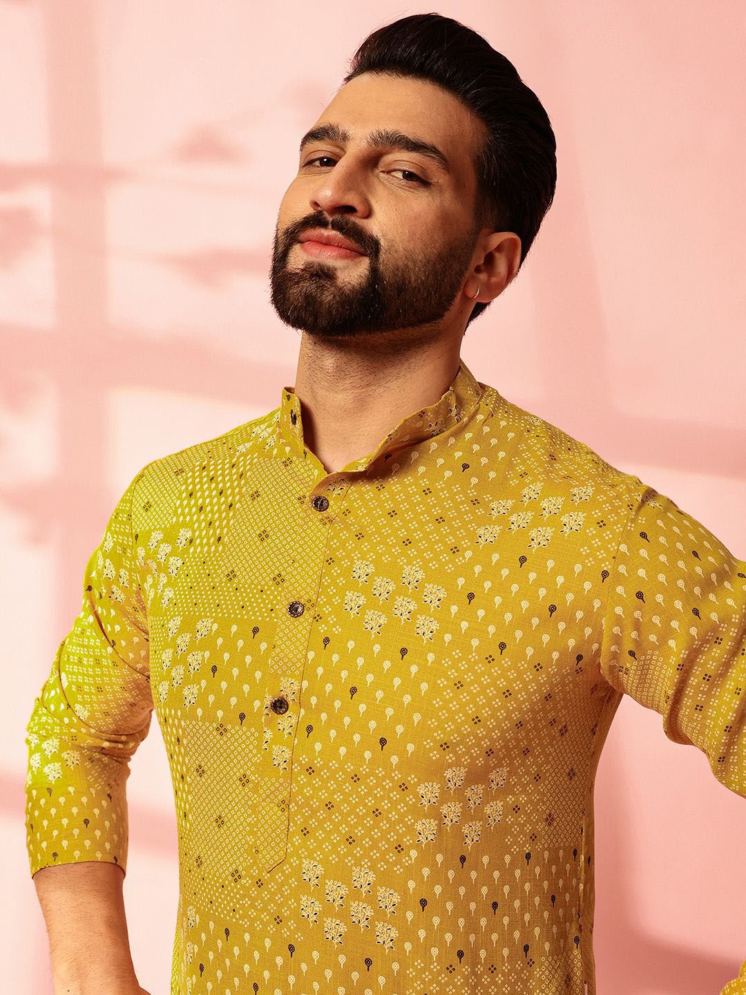 Anouk Floral Printed Band Collar Cotton Linen Straight Kurta