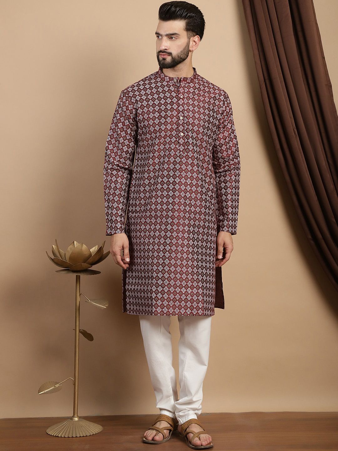 Anouk Geometric Printed Mandarin Collar Regular Straight Kurta With Churidar