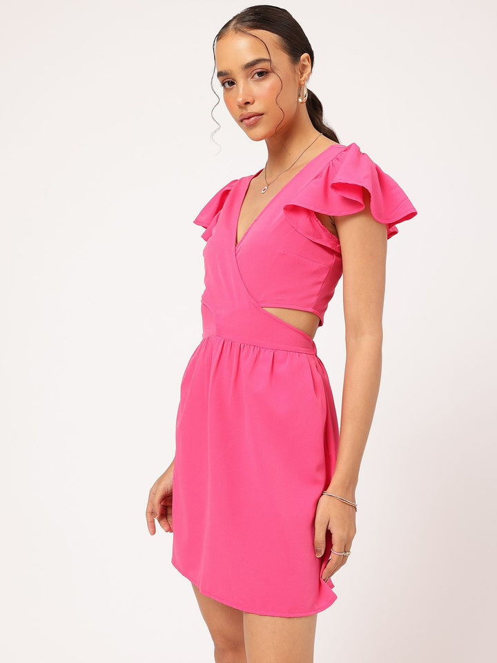 DressBerry Barbiecore Ruffled & Smocked Cut-out A-line Mini Dress