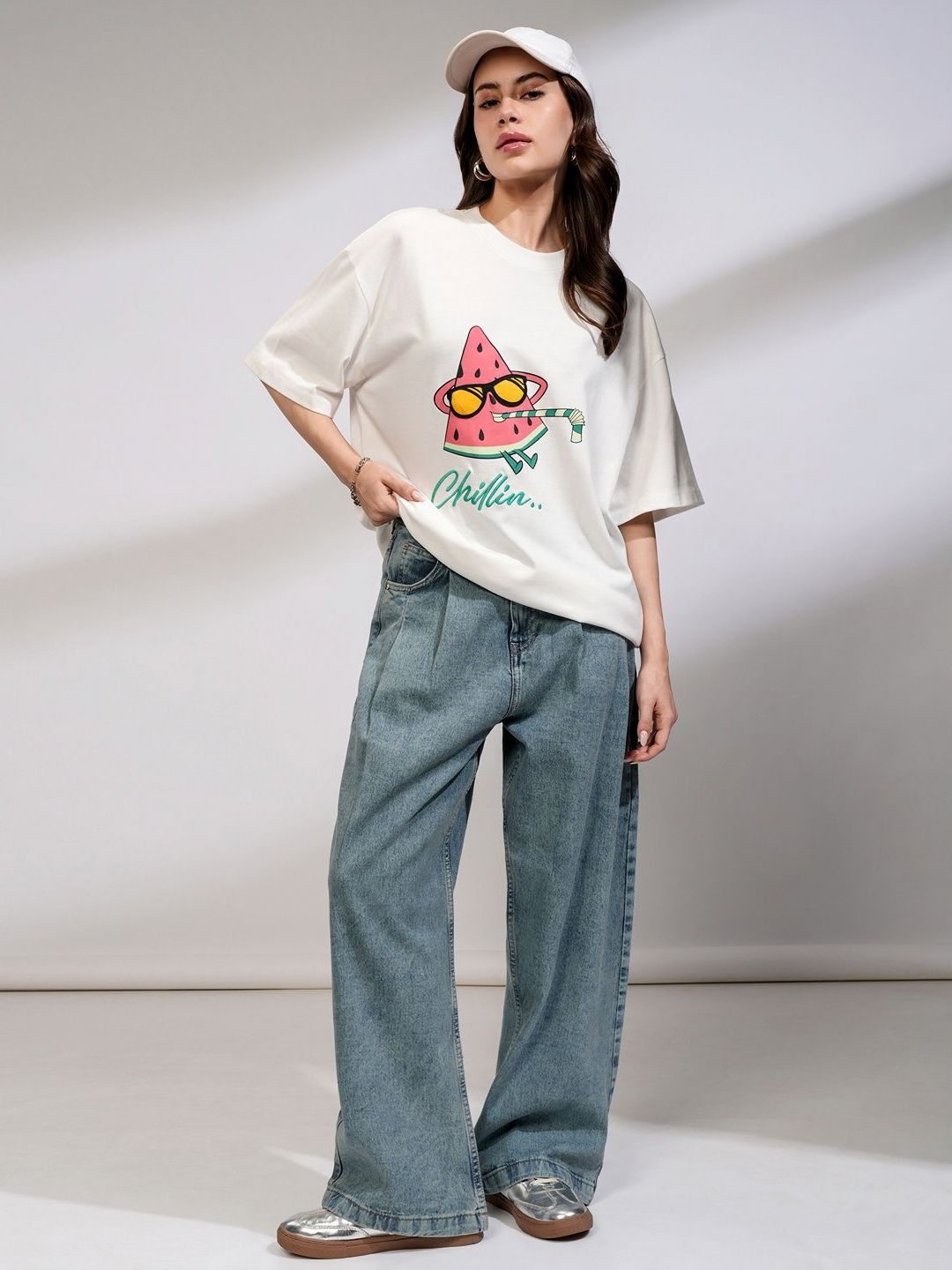 Street By Tokyo Talkies Women Solid Oversized Fit Chest and Back Print T-shirt