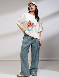 Street By Tokyo Talkies Women Solid Oversized Fit Chest and Back Print T-shirt