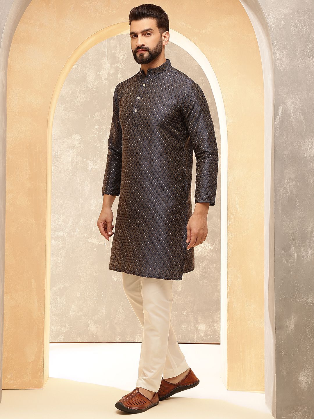 Anouk Black Woven Design Jacquard Silk Straight Kurta With Pyjamas And Nehru Jacket