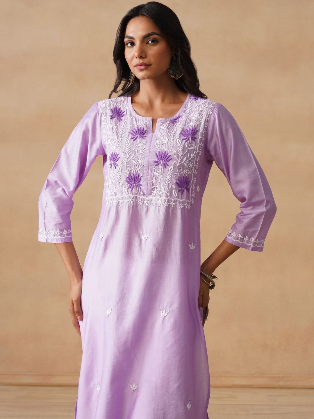 House of Chikankari Women Solid Lavender Cotton Kurta