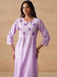 House of Chikankari Women Solid Lavender Cotton Kurta