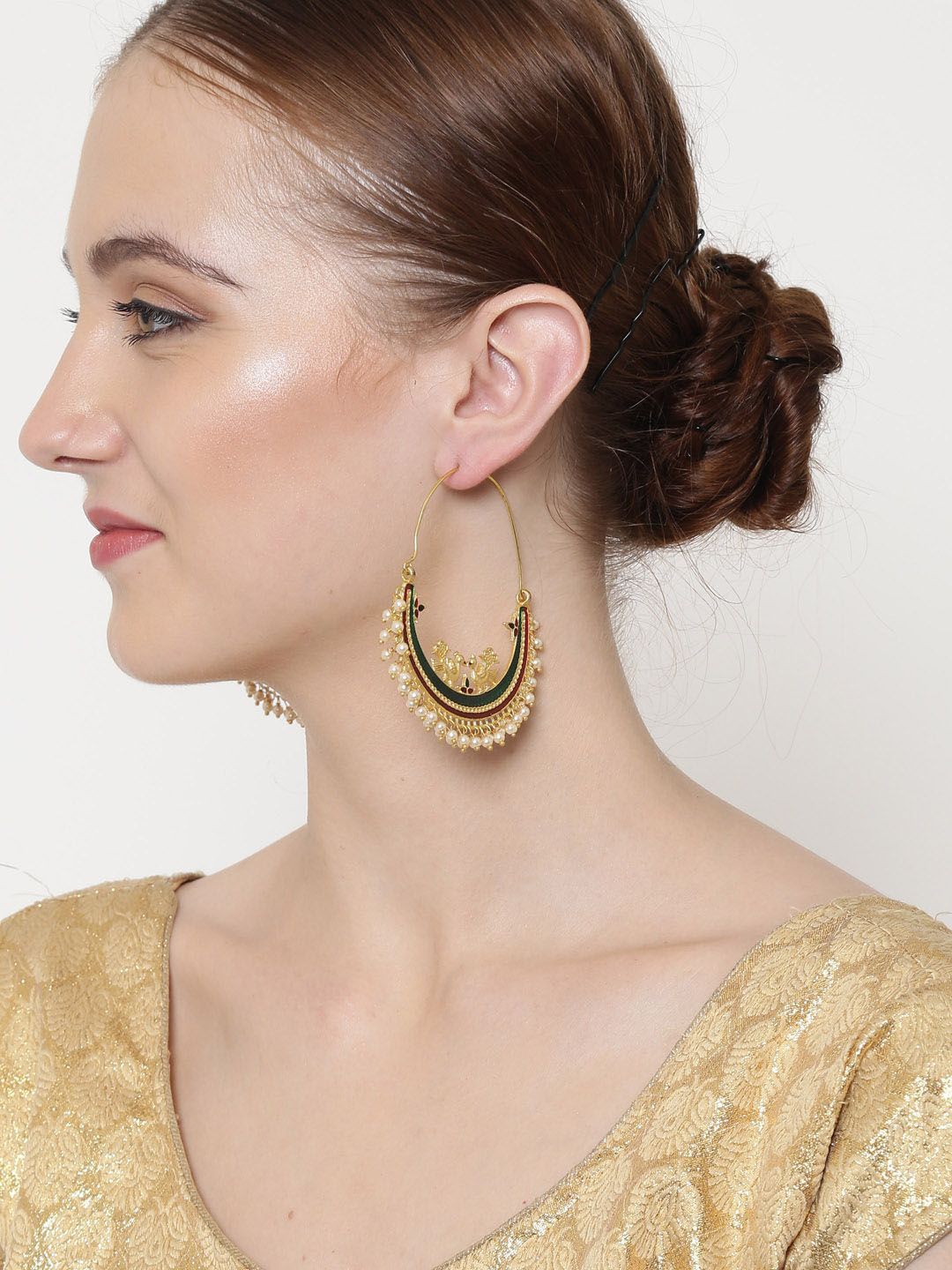 Anouk Green Gold-Plated Stone Studded & Beaded  Crescent Shaped Hoop Earrings