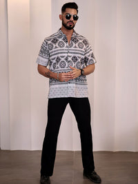 Eszett Men Floral Printed Cuban Collar Linen Casual Shirt