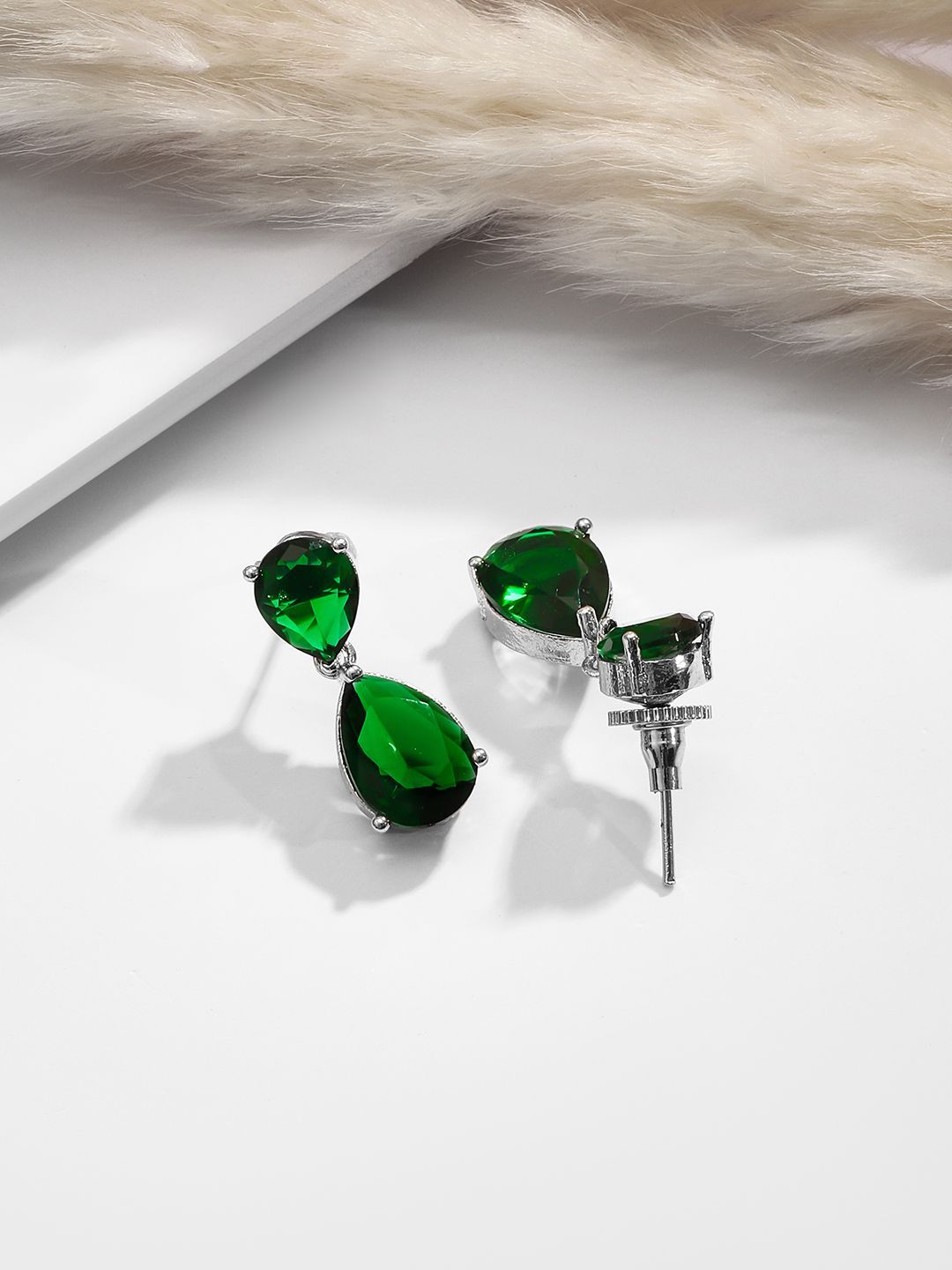 Rubans Rhodium-Plated Crystal Emerald Studded Jewellery Set