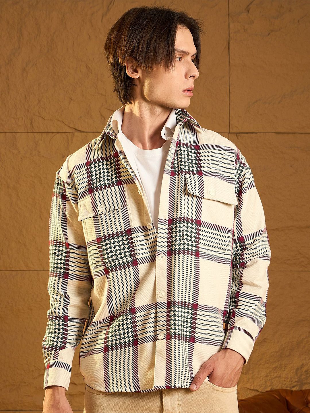 DENNISON Men Double Pocket Drop Shoulder Oversized Cotton Checked Shacket
