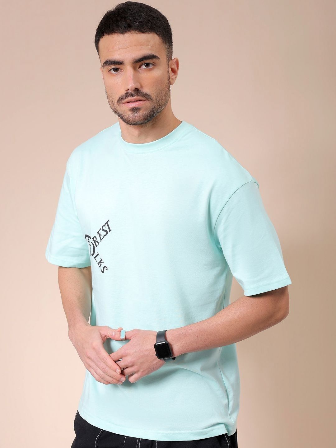 The Indian Garage Co Men Pure Cotton Graphic Printed Round Neck Cotton Oversized T-shirt