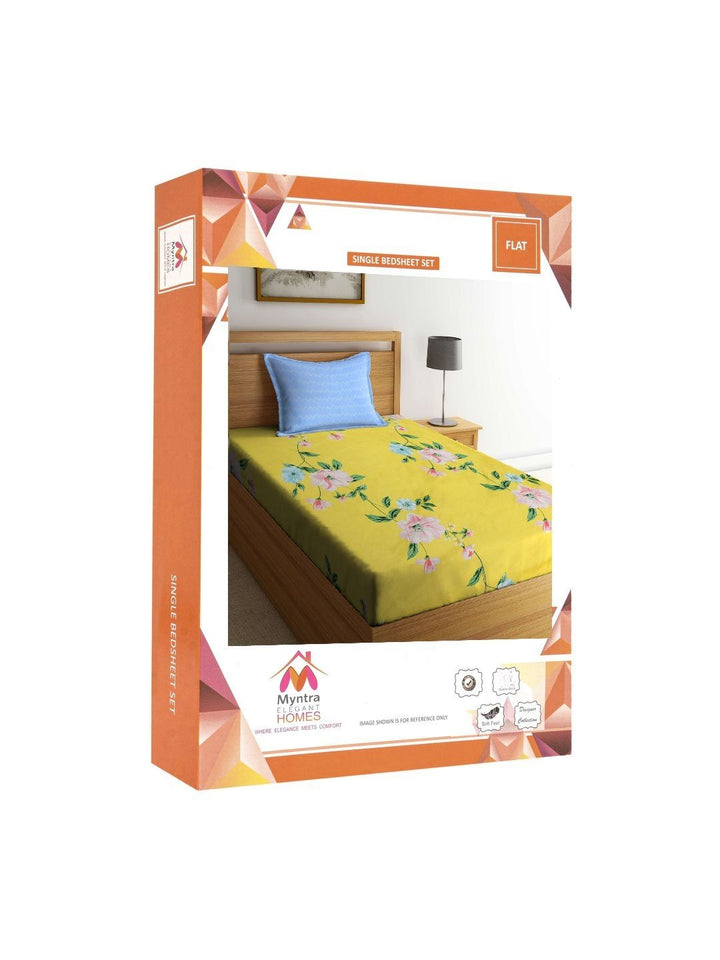 Myntra Elegant Homes Yellow Floral Polycotton Breathable 300 TC Single Fine Bedsheet with a Pillow Cover-89 x 59 inches