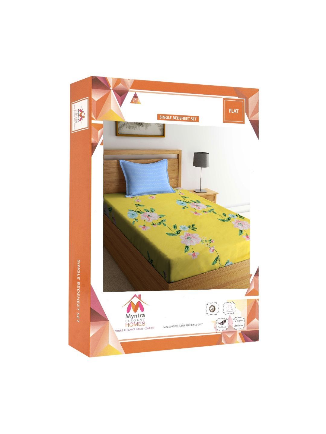 Myntra Elegant Homes Yellow Floral Polycotton Breathable 300 TC Single Fine Bedsheet with a Pillow Cover-89 x 59 inches