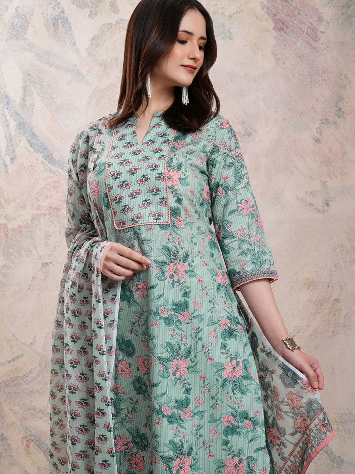 Vishudh Floral Printed Pure Cotton Kurta With Trousers & Dupatta