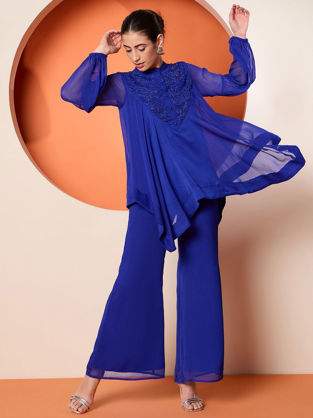 Antheaa Blue Embellished Band Collar Top With Palazzo