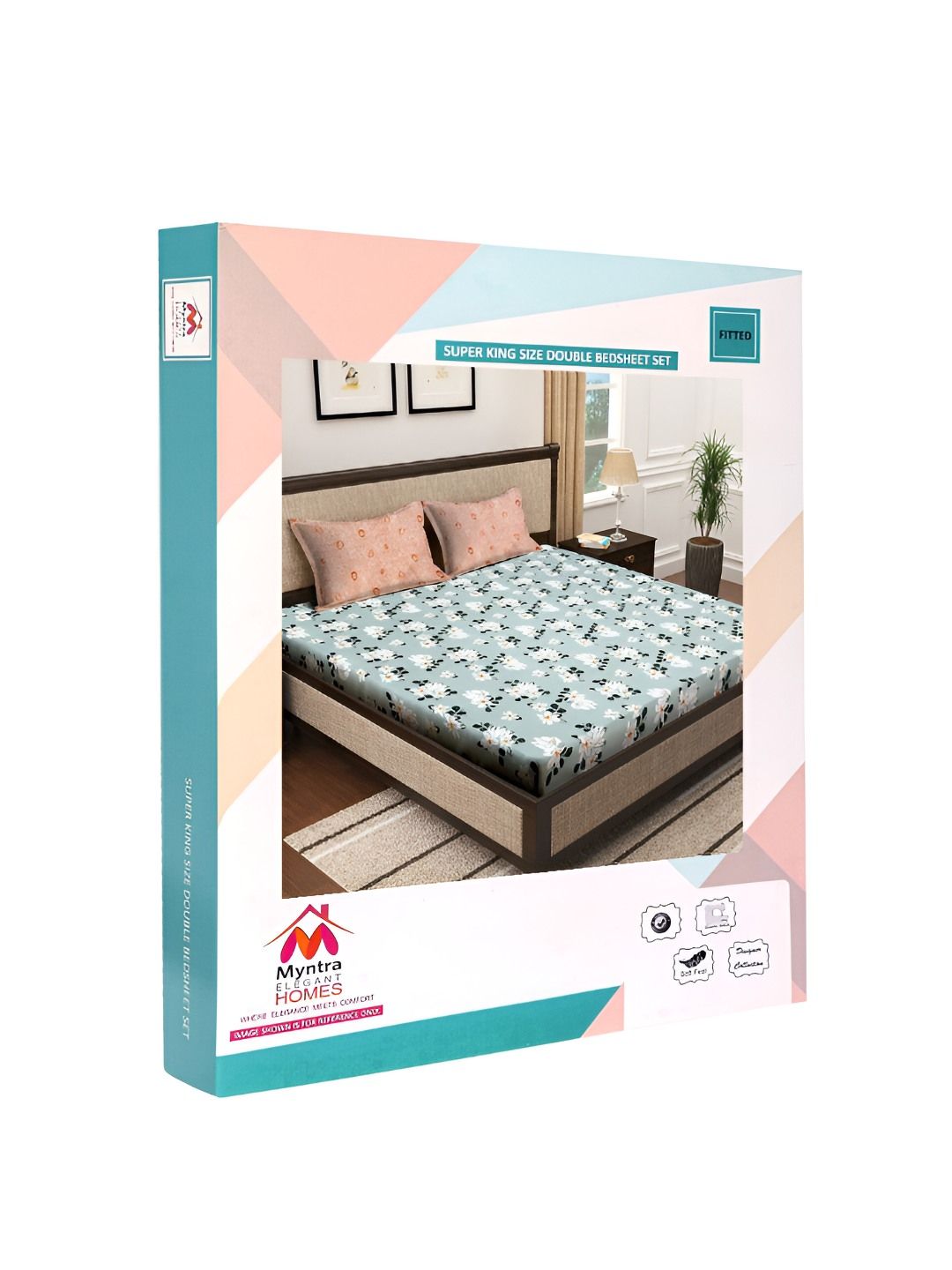 Myntra Elegant Homes Green Floral Cotton 300 TC Fitted Super King Fine Bedsheet with 2 Pillow Covers-106 x 106 inches