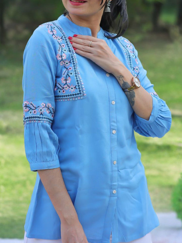 KALINI Women Light Blue Viscose Rayon Embroidered A-line Short Kurti