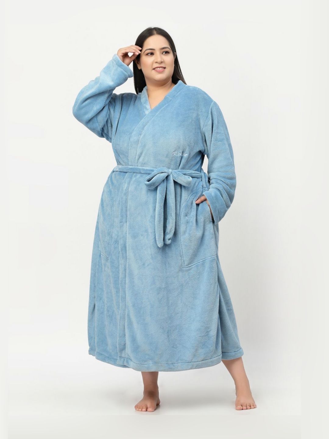 KLOTTHE Plus Size Blue Woollen Long Sleeves Bath Robe With Belt