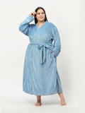 KLOTTHE Plus Size Blue Woollen Long Sleeves Bath Robe With Belt
