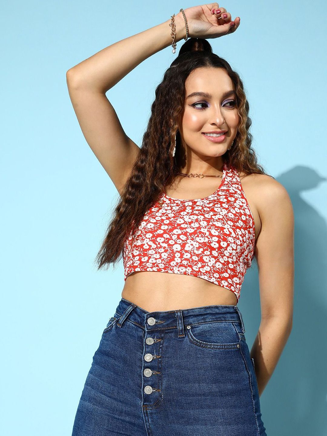 Berrylush Floral Print Halter Neck Crop Top
