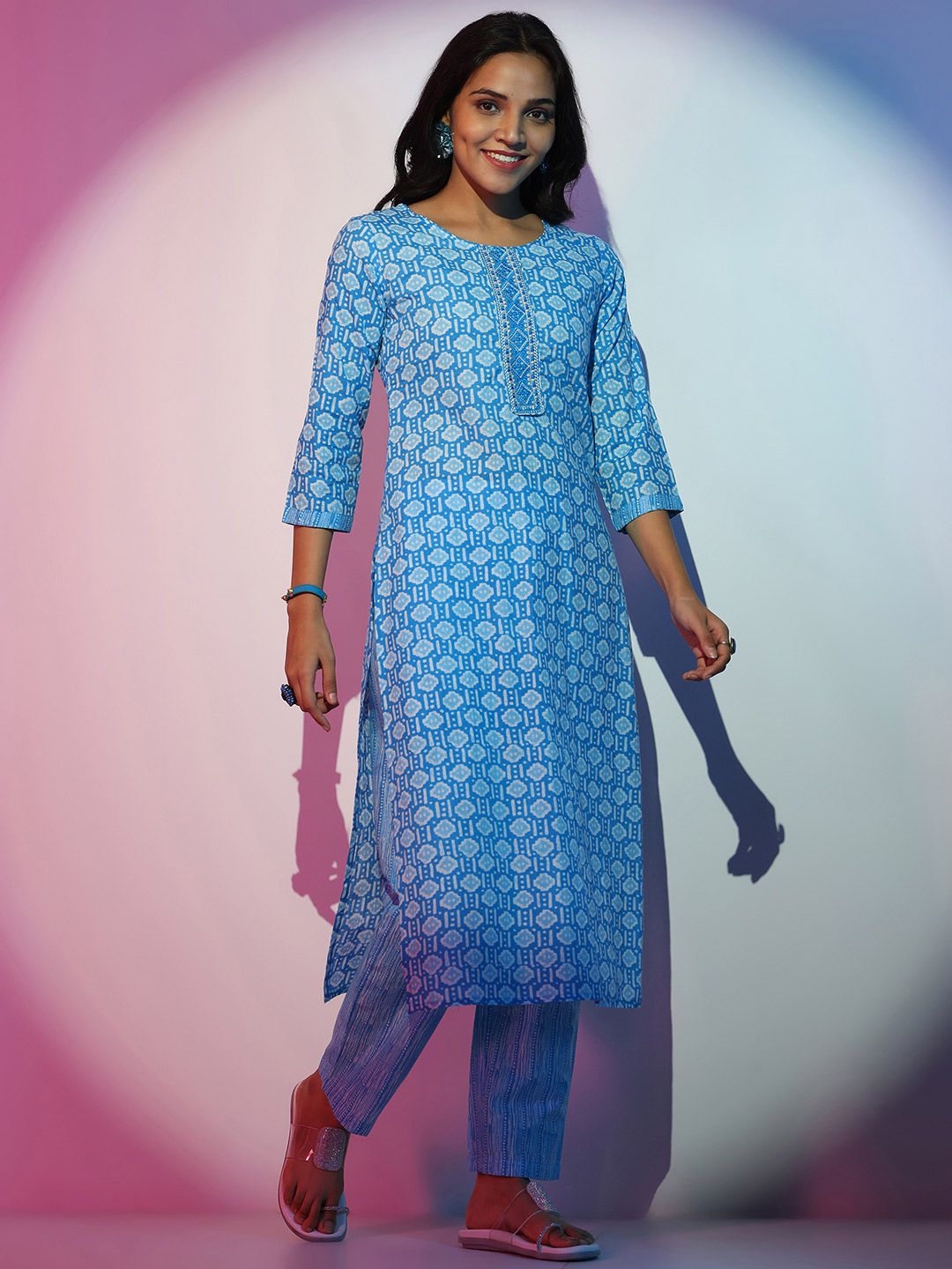 Libas Ethnic Motifs Printed Thread Work Pure Cotton Straight Kurta With Trousers & Dupatta