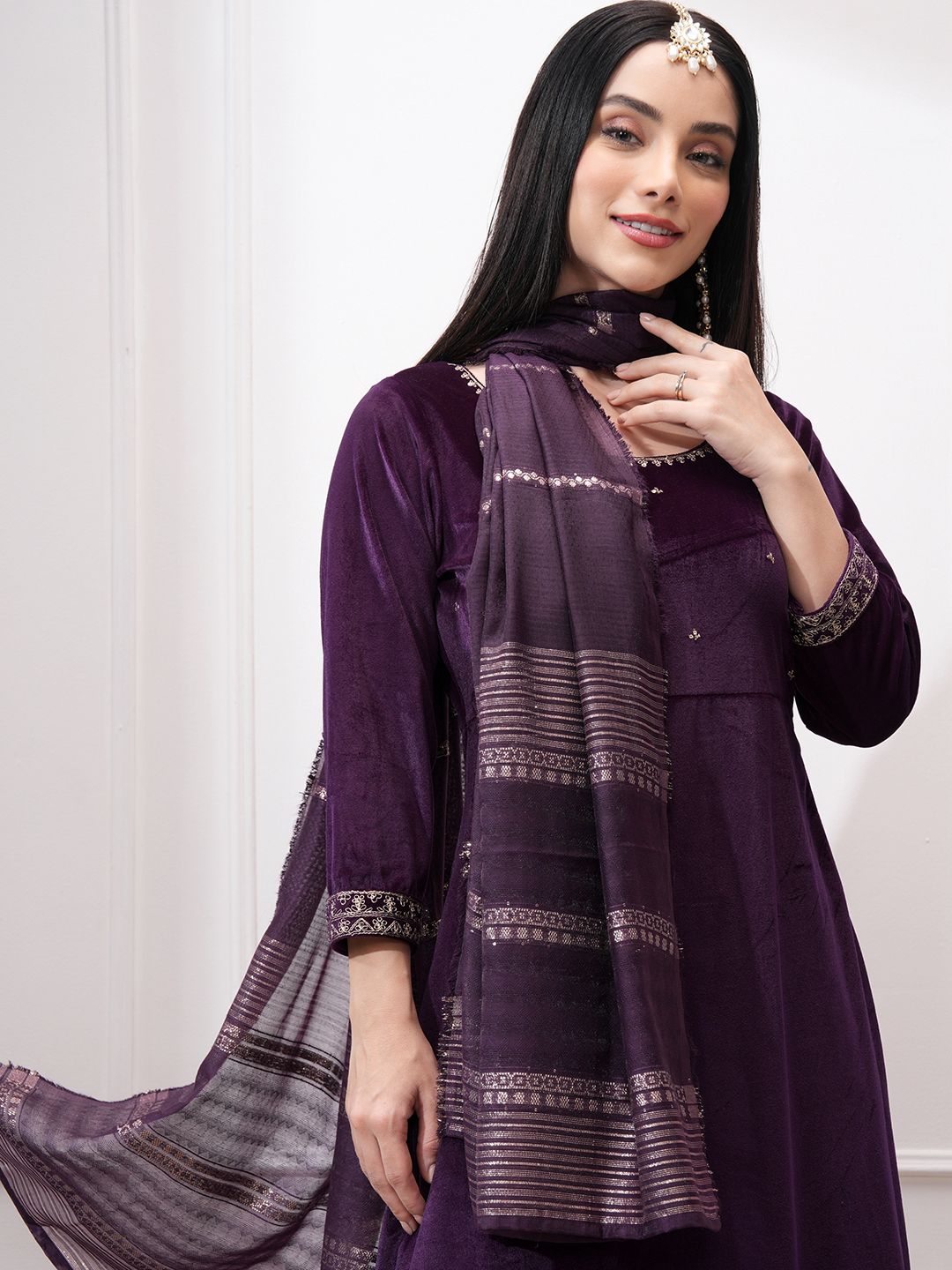 Vishudh Women Ethnic Motifs Embroidered Regular Kurta with Trousers & With Dupatta