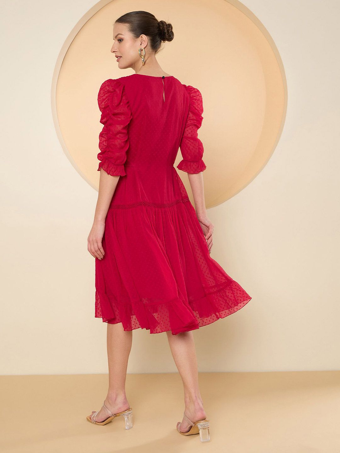 Antheaa Women Puff Sleeve Chiffon Fit & Flare Embellished Dress