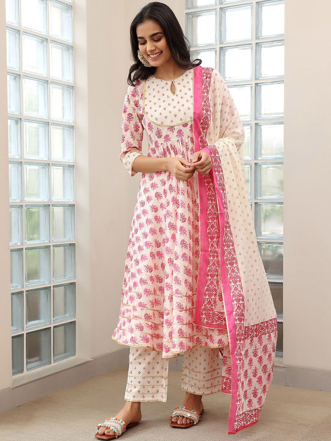 Libas Floral Printed Gotta Patti Pure Cotton Anarkali Kurta with Trousers & Dupatta