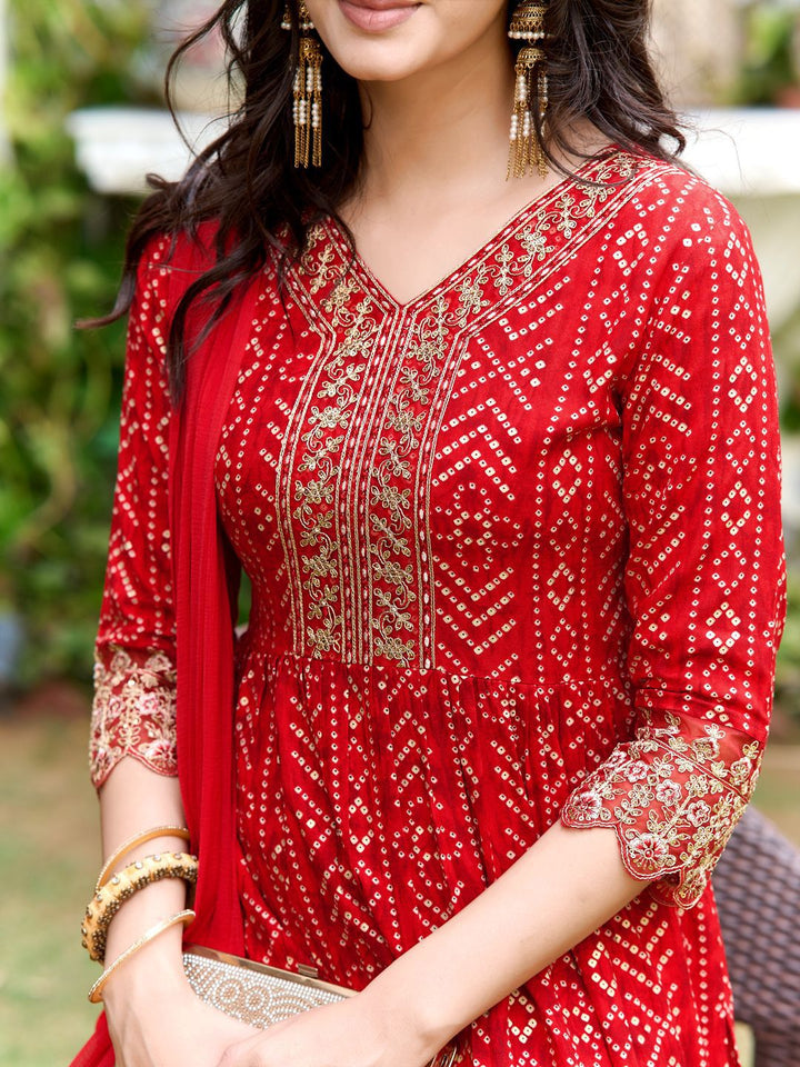 KALINI Women Bandhani Embroidered Panelled Sequinned Kurta with Trousers & With Dupatta