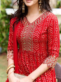 KALINI Women Bandhani Embroidered Panelled Sequinned Kurta with Trousers & With Dupatta