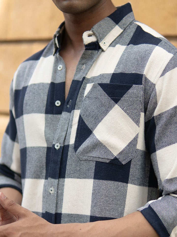 Powerlook Men Slim Fit Windowpane Checked Button-Down Collar Casual Shirt