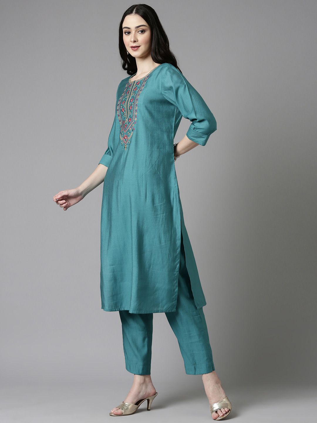 Anouk Sea Green Ethnic Motifs Embroidered Straight Kurta With Trousers & Dupatta