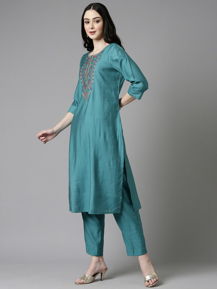 Anouk Sea Green Ethnic Motifs Embroidered Straight Kurta With Trousers & Dupatta