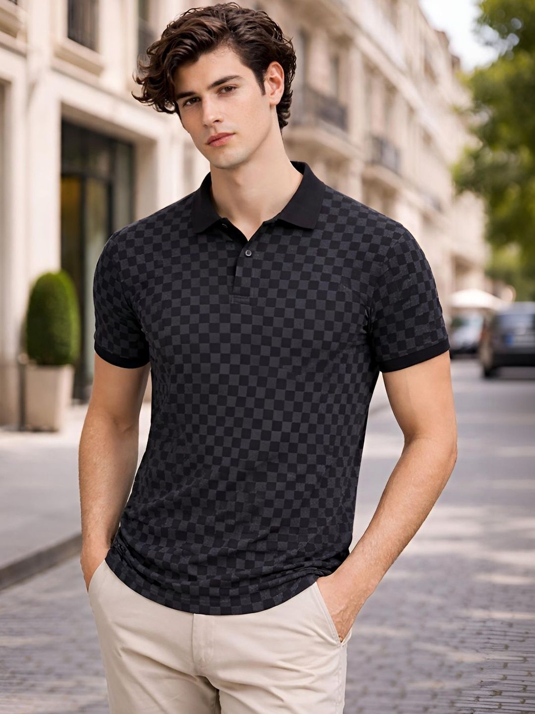 Baju-T Kolar Polo Berpetak ADRO Lelaki