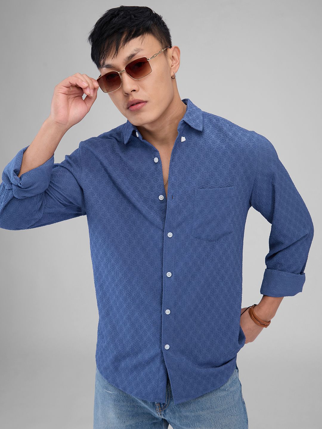 VASTRADO Men Classic Spread Collar Textured Solid Slim Fit Casual Shirt