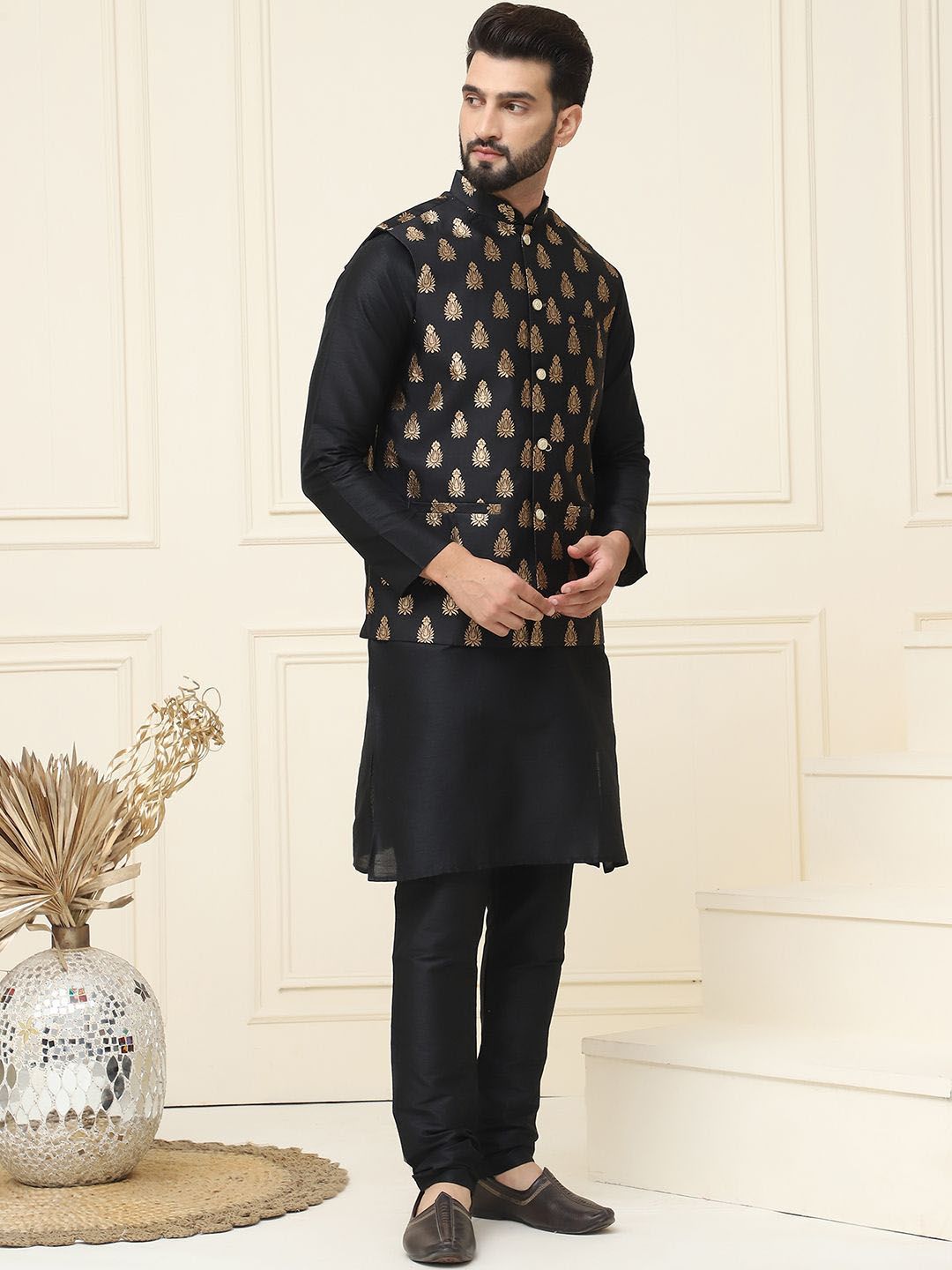 SOJANYA Mandarin Collar Silk Cotton Straight Kurta with Churidar & Nehru jacket