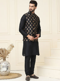 SOJANYA Mandarin Collar Silk Cotton Straight Kurta with Churidar & Nehru jacket
