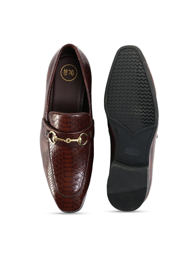 MONKSTORY Men Brown Horsebit Snake-Effect Textured Loafers