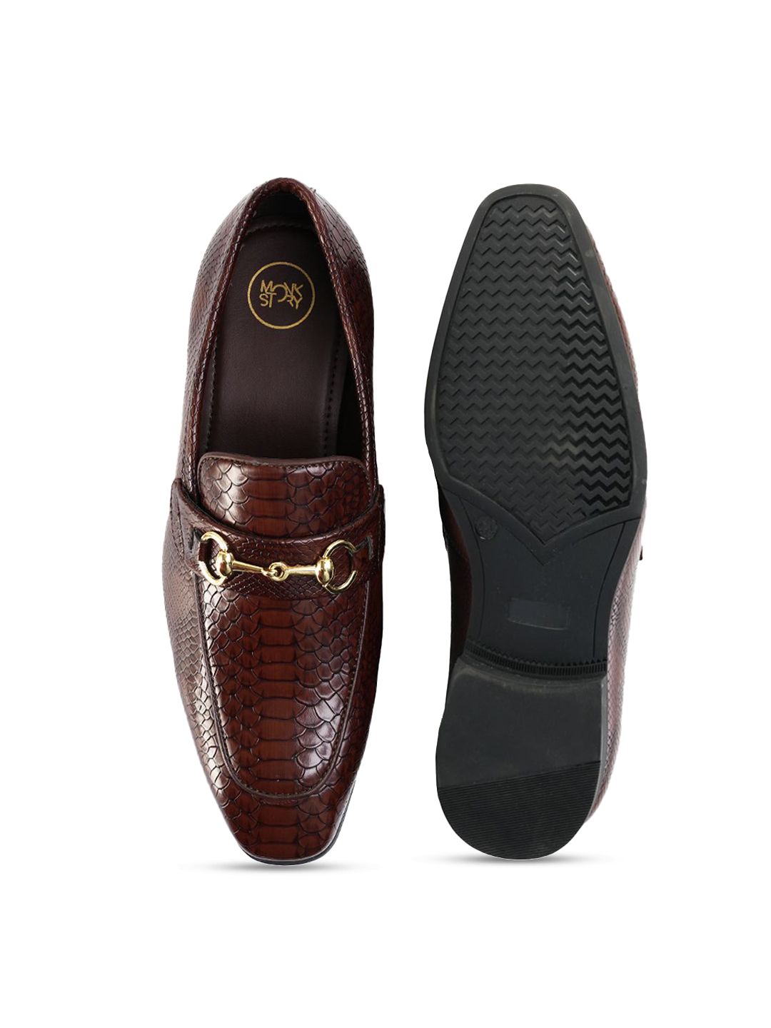 MONKSTORY Men Brown Horsebit Snake-Effect Textured Loafers