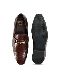 MONKSTORY Men Brown Horsebit Snake-Effect Textured Loafers